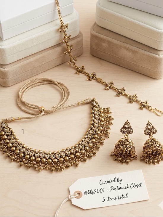 Jewelry - Indian set Traditional Gold-Tone Women's Statement Choker Necklace earrings